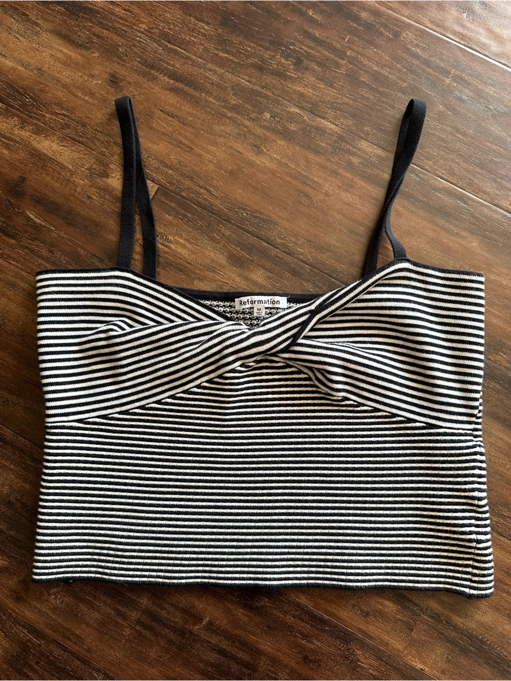 Reformation Black & White Striped Twist-Front Crop Cami